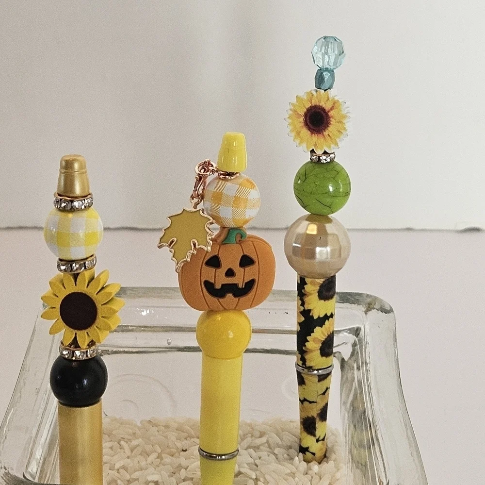 Hand Crafted Halloween Pens Fall & Floral Beaded Set of 3 Ballpoint Black Ink 6